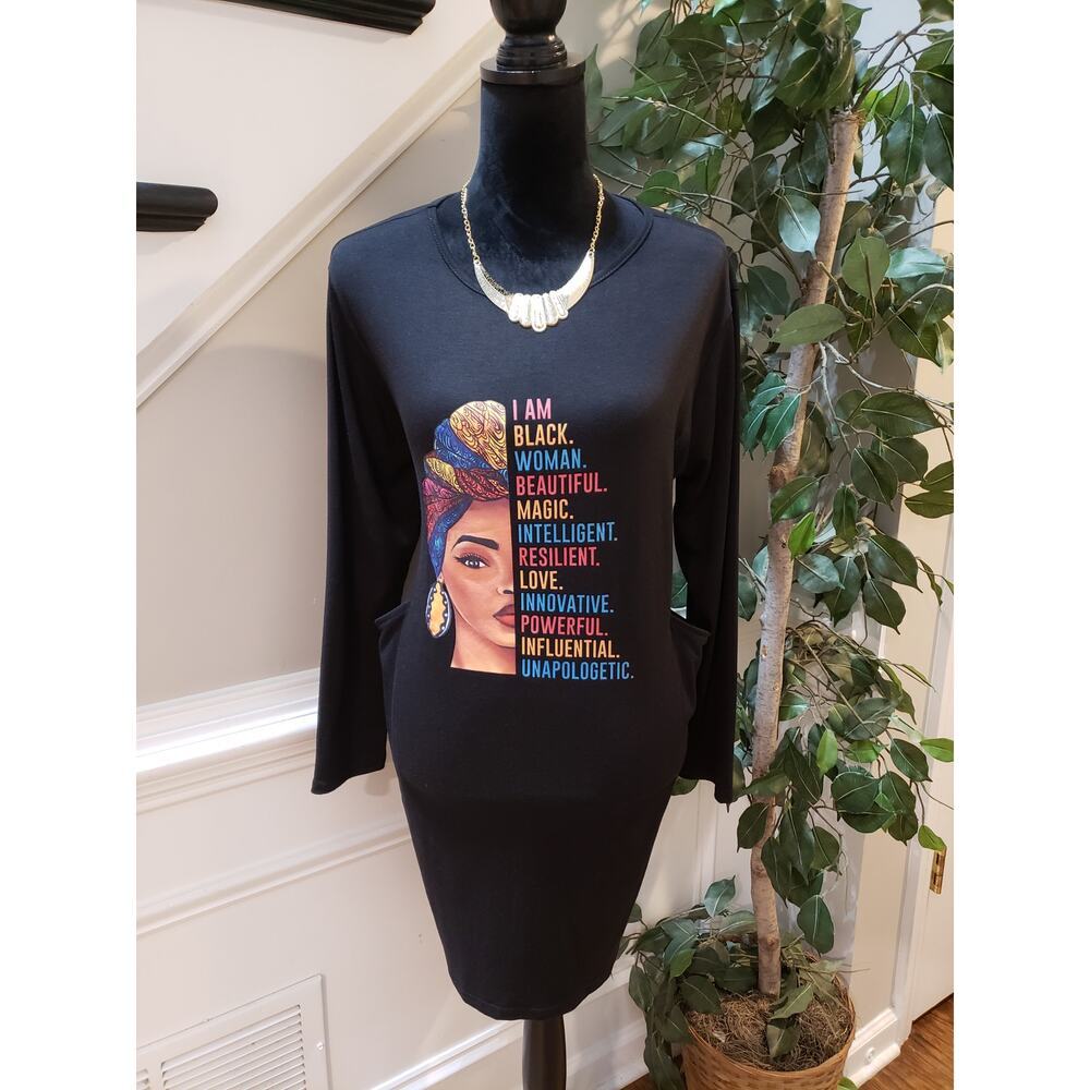 Womens Shirt Dress Size M Black Graphic Print Long Sleeve Loose Pockets Pullover